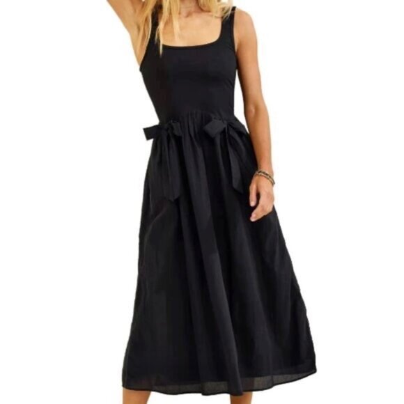 NWT Aerie At The Barre Bow Dress Black Small Linen Blend Sleeveless Midi - Picture 1 of 12
